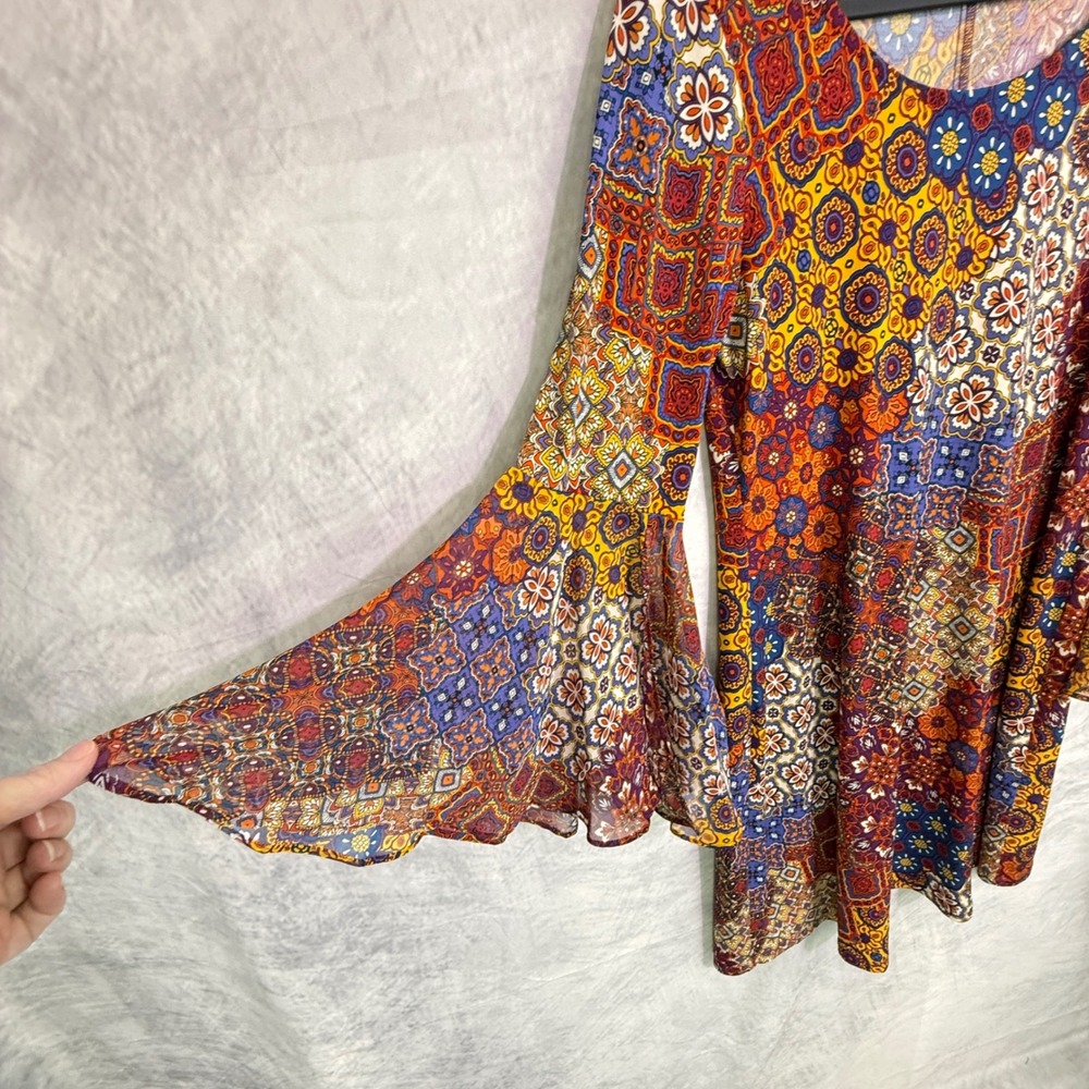 MSK Womens Patchwork Print Bell Sleeve Shift Dress Multicolor Size M Boho Artsy